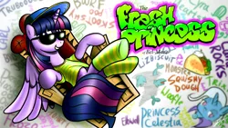 Size: 1920x1080 | Tagged: safe, artist:dori-to, derpibooru import, trixie, twilight sparkle, twilight sparkle (alicorn), alicorn, pony, clothes, crossover, doodles, female, fresh princess of friendship, hilarious in hindsight, mare, sharknado, socks, solo, striped socks, taco, the fresh prince of bel-air, wallpaper