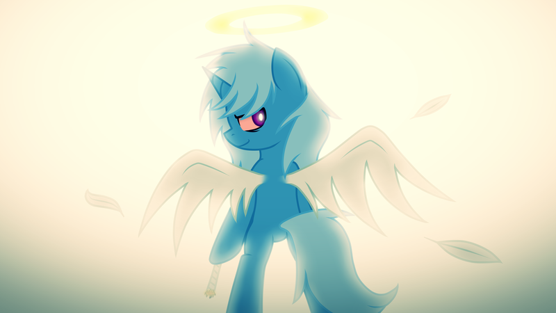 Size: 4893x2753 | Tagged: safe, artist:he4rtofcourage, derpibooru import, trixie, pony, absurd resolution, ask-stoned-trixie, bipedal, halo, rest in peace, solo, stoned trixie