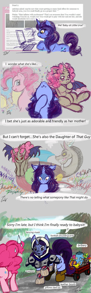 Size: 2613x8361 | Tagged: artist:zabchan, ask, babysitting, comic, derpibooru import, discord, fear, oc, oc:ursa major, offspring, parent:discord, parent:pinkie pie, parents:discopie, pinkie pie, protection, safe, tumblr, wagon