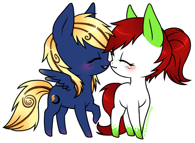 Size: 1001x734 | Tagged: safe, artist:ponymonster, derpibooru import, oc, unofficial characters only, earth pony, pegasus, pony, boop, female, freckles, lesbian, noseboop, nuzzling, ponytail, shipping, simple background, transparent background