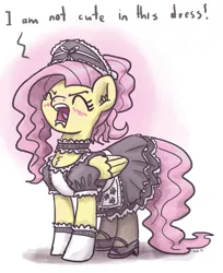 Size: 815x1000 | Tagged: safe, artist:king-kakapo, derpibooru import, fluttershy, pegasus, pony, blatant lies, blushing, chest fluff, choker, chokershy, clothes, cute, denial, denial's not just a river in egypt, dialogue, ear fluff, eyes closed, female, fluffy, fluttermaid, fluttertsun, i'm not cute, lies, madorable, maid, mare, mary janes, open mouth, out of character, shyabetes, solo, tantrum, tsundere, yelling