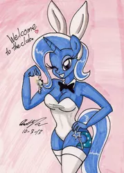 Size: 1090x1520 | Tagged: anthro, artist:newyorkx3, breasts, bunny ears, bunny suit, cleavage, clothes, derpibooru import, female, leotard, playboy, playboy bunny, solo, solo female, stockings, suggestive, traditional art, trixie, wink