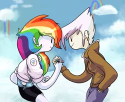 Size: 1246x1015 | Tagged: safe, artist:twitchykismet, derpibooru import, gilda, rainbow dash, gryphon, human, adventure time, clothes, cloudsdale, crossover, humanized, jacket, light skin, style emulation