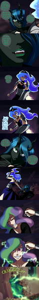 Size: 1050x8100 | Tagged: armor, artist:7nights, ask, ask human luna, changeling, character to character, colored skin, comic, derpibooru import, dialogue, fight, human, humanized, light skin, princess celestia, princess luna, queen chrysalis, safe, slasher smile, transformation, tumblr