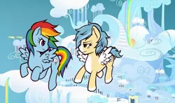 Size: 800x470 | Tagged: safe, artist:christinies, derpibooru import, rainbow dash, oc, oc:nimbus breeze, cloudsdale, flying