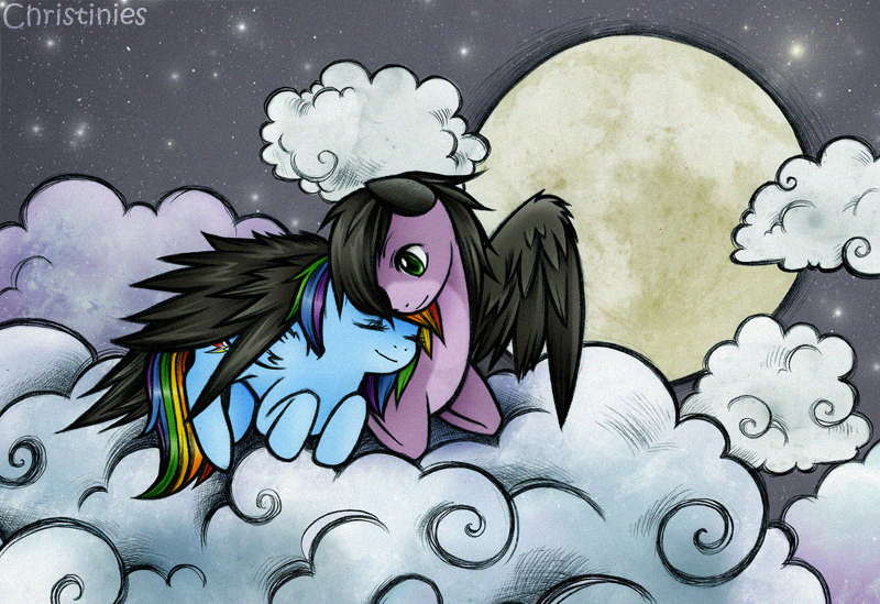 Size: 800x549 | Tagged: safe, artist:christinies, artist:ex626akakeon, derpibooru import, rainbow dash, oc, oc:skywind, canon x oc, cloud, cloudy, cuddling, eyes closed, female, male, moon, night, shipping, snuggling, straight