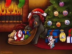 Size: 800x596 | Tagged: safe, artist:christinies, derpibooru import, applejack, fluttershy, pinkie pie, princess celestia, rainbow dash, rarity, twilight sparkle, oc, oc:nimbus breeze, oc:pack rat, bag, christmas, christmas tree, clothes, cutie mark, doll, fire, fireplace, hat, mane six, mouth hold, plushie, present, santa hat, socks, stockings, teddy bear, tree