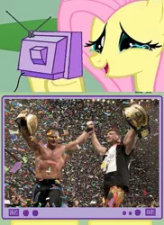 Size: 400x548 | Tagged: chris benoit, derpibooru import, eddie guerrero, exploitable meme, fluttercry, fluttershy, happy fluttercry, meme, obligatory pony, safe, solo, tears of joy, tv meme, wrestlemania 20, wwe