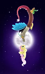 Size: 600x971 | Tagged: safe, artist:charzymon, derpibooru import, discord, fluttershy, backlighting, discoshy, flying, moon, night, shipping