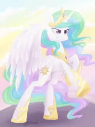 Size: 1024x1365 | Tagged: safe, artist:eljonek, derpibooru import, princess celestia, alicorn, pony, angry, female, mare, rearing, solo, spread wings, wings