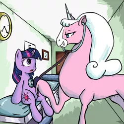 Size: 800x800 | Tagged: artist needed, clock, crossover, derpibooru import, doctor lollipop, eye chart, eye contact, listening, looking at each other, rapeface, safe, stethoscope, twilight sparkle