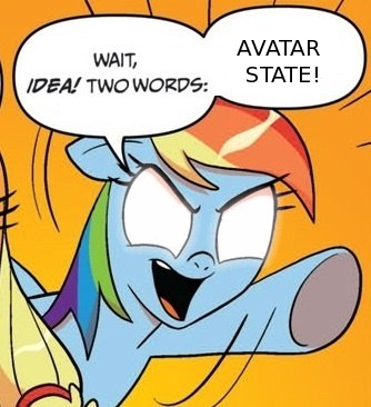 Size: 334x366 | Tagged: applejack, avatar state, avatar the last airbender, comic, derpibooru import, exploitable meme, glowing eyes, idw, meme, rainbow dash, safe, two words meme