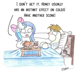 Size: 914x874 | Tagged: safe, artist:bobthedalek, derpibooru import, octavia melody, oc, oc:kettle master, pony, bed, blanket, bow, breakfast in bed, clothes, cold, cup, dialogue, drink, feeding, food, force feeding, hair bow, honey, jar, mug, pajamas, pillow, plushie, red nosed, scone, sick, tea, teapot, text