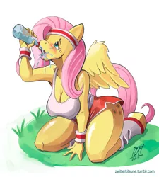 Size: 811x900 | Tagged: anthro, artist:zwitterkitsune, big breasts, bottle, breasts, busty fluttershy, cleavage, derpibooru import, drinking, exercise, female, fluttershy, headband, solo, solo female, suggestive, sweatband, unguligrade anthro, water, wristband