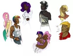 Size: 1155x893 | Tagged: applejack, artist:mlpendlessnight, big macintosh, chocolarity, cigarette, dark skin, derpibooru import, fat, fluttershy, human, humanized, light skin, mane six, moderate dark skin, native american, pinkie pie, rainbow dash, rarity, safe, simple background, smoking, squawjack, twilight sparkle, undercut, white background, zecora