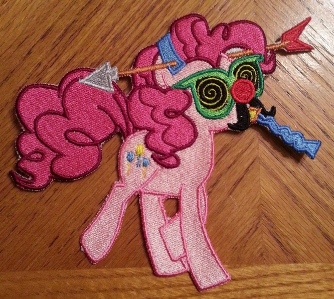 Size: 947x848 | Tagged: safe, artist:ethepony, derpibooru import, pinkie pie, pony, craft, embroidery, groucho mask, irl, patch, photo