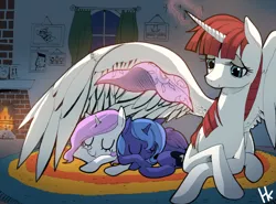 Size: 2000x1483 | Tagged: artist:cakewasgood, blanket, cewestia, derpibooru import, female, filly, hug, lauren faust, magic, oc, oc:fausticorn, pink-mane celestia, princess celestia, princess luna, safe, siblings, sleeping, spread wings, the powerpuff girls, winghug, woona, younger