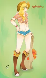 Size: 1135x1915 | Tagged: adonis belt, apple, applejack, artist:67, bag, belly button, clothes, daisy dukes, derpibooru import, eared humanization, high heel boots, human, humanized, japanese, light skin, midriff, pixiv, sack, safe, solo