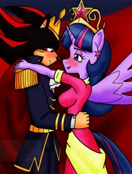 Size: 780x1024 | Tagged: alicorn, anthro, artist:sonigoku, big crown thingy, blushing, clothes, coronation dress, crossover, crossover shipping, derpibooru import, dress, female, interspecies, male, safe, shadow the hedgehog, shadtwi, shipping, sonic the hedgehog (series), straight, tiara, twilight sparkle, twilight sparkle (alicorn)