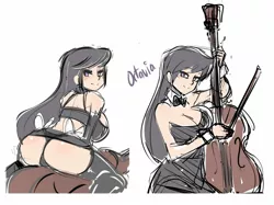 Size: 1370x1026 | Tagged: artist:maniacpaint, ass, bedroom eyes, blushing, bowtie, breasts, busty octavia, cello, cleavage, clothes, derpibooru import, dress, female, human, humanized, light skin, lingerie, looking at you, looking back, looking back at you, musical instrument, octavia melody, panties, rear view, smiling, solo, solo female, suggestive, underwear