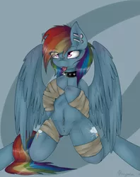 Size: 795x1005 | Tagged: dead source, suggestive, artist:pennymina, derpibooru import, edit, editor:bitz, rainbow dash, bandage, belly button, collar, dark, female, fractured loyalty, kneeling, piercing, solo, solo female