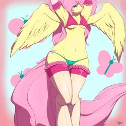 Size: 2000x2000 | Tagged: anthro, arm behind head, armpits, artist:slypon, belly button, bra, breasts, clothes, curvy, cutie mark underwear, delicious flat chest, evening gloves, female, flattershy, fluttershy, gloves, panties, solo, solo female, stockings, suggestive, thigh highs, underboob, underwear, wide hips