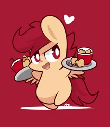 Size: 800x920 | Tagged: safe, artist:lifeloser, derpibooru import, scootaloo, chicken, pony, bipedal, cannibalism, chibi, drink, food, fried chicken, heart, kfc, plate, ponies eating meat, scootachicken, solo