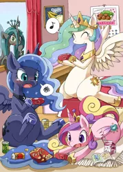 Size: 858x1200 | Tagged: safe, artist:moriguru, derpibooru import, princess cadance, princess celestia, princess luna, queen chrysalis, alicorn, changeling, changeling queen, pony, gamer luna, anatomically incorrect, angry, banana, beer, blushing, book, calendar, can, chubby, cute, cutealis, cutedance, cutelestia, drink, eyes closed, female, food, hoof hold, incorrect leg anatomy, japanese, karaage, lunabetes, music notes, open mouth, pixiv, playing, playstation, playstation portable, pop, potato chips, pote!, prone, psp, sitting, smiling, snacks, soda, spread wings, underhoof, video game, wide eyes, window
