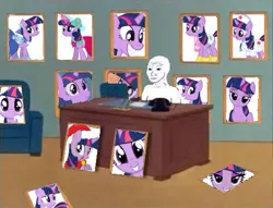 Size: 469x359 | Tagged: safe, derpibooru import, twilight sparkle, human, pony, unicorn, /mlp/, bedroom eyes, clothes, desk, dress, feels, female, forced meme, mare, meme, nurse, picture, picture frame, scarf, smiling, unicorn twilight, wojak