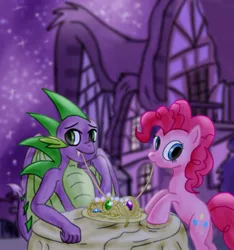 Size: 768x819 | Tagged: artist:jabbie64, derpibooru import, female, lady and the tramp, male, pinkie pie, pinkiespike, safe, shipping, spaghetti, spaghetti scene, spike, straight