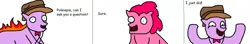 Size: 1024x181 | Tagged: 1000 hours in ms paint, 4chan, artist:pewdie-pinkiepie, clarence, comic, comic sans, derpibooru import, duo, joke, /mlp/, ms paint, oc, oc:clarance, pinkie pie, safe, wat