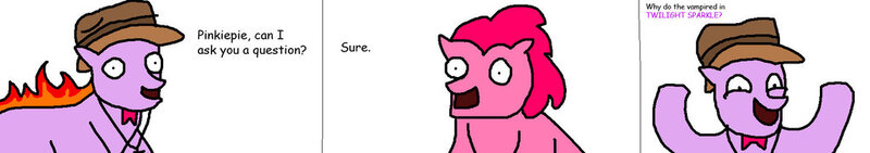 Size: 1024x181 | Tagged: 1000 hours in ms paint, 4chan, artist:pewdie-pinkiepie, clarence, comic, comic sans, derpibooru import, duo, joke, /mlp/, ms paint, oc, oc:clarance, pinkie pie, purple, safe, twilight sparkle, wat