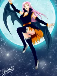 Size: 774x1032 | Tagged: artist:igniamatis, backlighting, breasts, clothes, dead source, derpibooru import, female, flutterbat, fluttershy, halloween, human, humanized, light skin, moon, skirt, solo, suggestive, upskirt