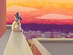 Size: 6000x4500 | Tagged: absurd resolution, anthro, artist:pashoo, city, cityscape, derpibooru import, lineless, painting, roof, safe, solo, sunset, zebra, zecora