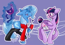 Size: 1280x889 | Tagged: suggestive, artist:pettankoprincess, derpibooru import, trixie, twilight sparkle, twilight sparkle (alicorn), alicorn, pony, bridle, clothes, female, lesbian, magic, mare, pony play, riding crop, saddle, shipping, tail wrap, thigh highs, twixie