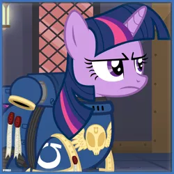 Size: 1000x1000 | Tagged: safe, artist:a4r91n, derpibooru import, twilight sparkle, pony, unicorn, annoyed, armor, crossover, female, icon, mare, power armor, powered exoskeleton, purity seal, solo, space marine, ultramarine, unamused, unicorn twilight, vector, warhammer (game), warhammer 40k, your spiritual liege