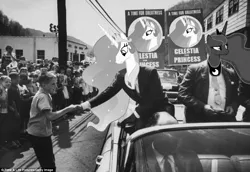 Size: 964x663 | Tagged: american presidents, black and white, car, child, clothes, crowd, derpibooru import, edit, grayscale, human, irl, irl human, john f. kennedy, monochrome, necktie, parody, photo, politics, ponies in real life, ponified, president, princess, princess celestia, princess luna, safe, sign, suit