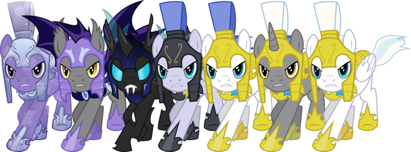 Size: 7500x2775 | Tagged: safe, artist:theshadowstone, derpibooru import, oc, bat pony, changeling, crystal pony, earth pony, pegasus, pony, unicorn, absurd resolution, armor, changeling officer, crystal guard, crystal guard armor, guard, line-up, night guard, royal guard, simple background, transparent background, vector