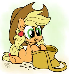 Size: 2016x2168 | Tagged: applejack, artist:killryde, bag, belly button, cute, eating, feed bag, filly, jackabetes, oats, saddle bag, safe, sitting, solo