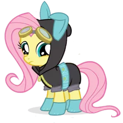 Size: 600x603 | Tagged: safe, artist:realasky, derpibooru import, fluttershy, pegasus, pony, bunny ears, clothes, costume, dangerous mission outfit, female, filly, goggles, hoodie, mare, simple background, solo, transparent background