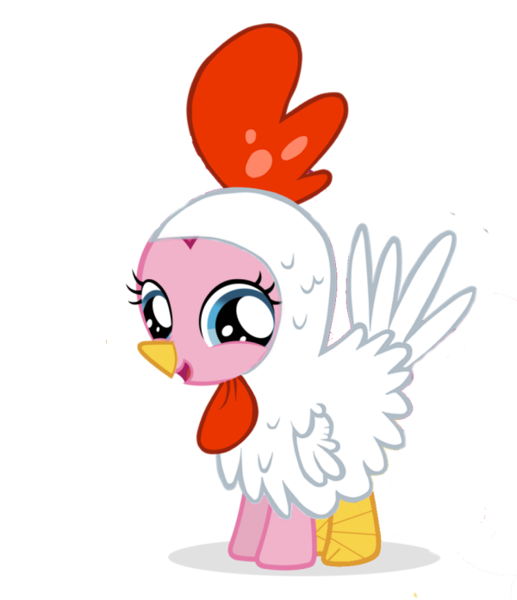 Size: 600x696 | Tagged: animal costume, artist:realasky, chicken, chicken pie, chicken suit, clothes, costume, cute, derpibooru import, diapinkes, filly, looking at you, nightmare night, open mouth, pinkie pie, safe, simple background, smiling, solo, transparent background