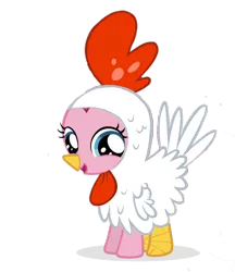 Size: 600x696 | Tagged: animal costume, artist:realasky, chicken, chicken pie, chicken suit, clothes, costume, cute, derpibooru import, diapinkes, filly, looking at you, nightmare night, open mouth, pinkie pie, safe, simple background, smiling, solo, transparent background
