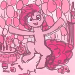 Size: 894x894 | Tagged: alcohol, artist:versimer, balloon, cake, derpibooru import, monochrome, party, pink, pinkie pie, pound cake, pumpkin cake, safe