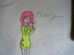 Size: 640x480 | Tagged: artist:ilovehersheyssomuch, butterfly, derpibooru import, fluttershy, human, humanized, light skin, lined paper, paper, safe, solo, traditional art