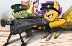 Size: 1400x896 | Tagged: safe, artist:stupidyou3, derpibooru import, apple bloom, scootaloo, earth pony, pegasus, pony, binoculars, bullet, female, goggles, gun, hooves, lying down, night vision goggles, open mouth, optical sight, rifle, sniper, sniper rifle, spread wings, visor, weapon, wings