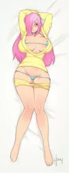 Size: 550x1372 | Tagged: absolute cleavage, arm behind head, artist:doxy, barefoot, big breasts, bikini, blue underwear, blushing, body pillow, body pillow design, bra, breasts, busty fluttershy, choker, cleavage, clothes, color, curvy, derpibooru import, feet, female, fluttershy, hair over one eye, hairpin, human, humanized, light skin, looking away, micro bikini, on back, panties, partial nudity, pose, sexy, shy, solo, solo female, stupid sexy fluttershy, suggestive, sweater, sweatershy, swimsuit, thong, thong swimsuit, toes, underwear, undressing, useless clothing, wide hips