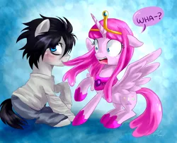 Size: 1600x1300 | Tagged: safe, artist:zorbitas, derpibooru import, ponified, alicorn, earth pony, pony, adventure time, blushing, clothes, crossover, death note, l, l lawliet, nom, princess bubblegum, shocked, sweat