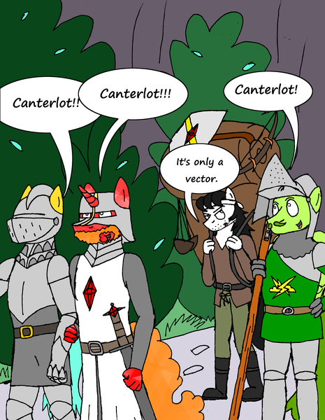 Size: 2536x3272 | Tagged: safe, artist:americananomaly, derpibooru import, king sombra, oc, anthro, pegasus, unicorn, armor, ask, beard, broken horn, burning iron, canterlot, fantasy class, helmet, knight, knights, medieval, monty python, monty python and the holy grail, origins, poleaxe, sword, tumblr, warrior, younger