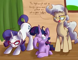Size: 900x700 | Tagged: artist:goat train, derpibooru import, dialogue, glasses, mayor mare, messy mane, rarity, safe, stretching, tired, twilight sparkle