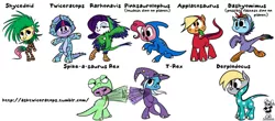 Size: 800x352 | Tagged: safe, artist:bunnimation, derpibooru import, applejack, derpy hooves, fluttershy, pinkie pie, rainbow dash, rarity, spike, trixie, twilight sparkle, dinosaur, pony, bipedal, clothes, costume, flailing, mane seven, mane six, text, twiceratops, younger